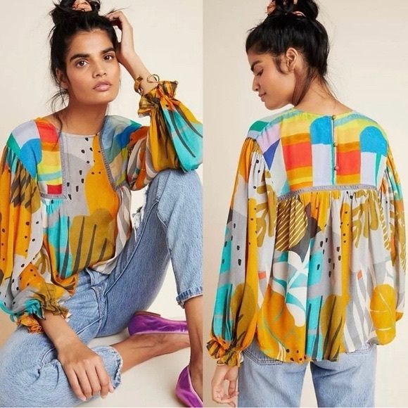 Anthropologie Tops - Anthropologie Bl-nk Miranda Peasant Blouse Colorful Abstract Print Size XS Women